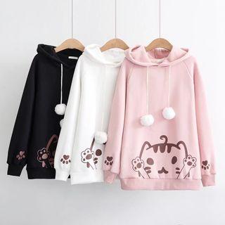 Fleece-lining Cat Printed Hooded Pullover