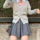 Pocket Detail Cardigan / Bow Tie / Mini Pleated Skirt / Plain Shirt / Set
