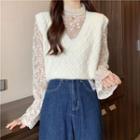 V-neck Sweater Vest / Bell-sleeve Lace Top