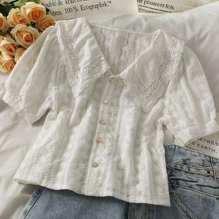 Lace-collar Embroidered Crop Shirt White - One Size