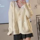 V-neck Cable-knit Cardigan Cargian - Milky White - One Size