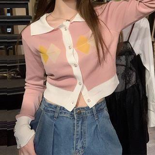 Argyle Print Collared Crop Cardigan