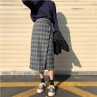 Buttoned Plaid Midi Fitted Skirt