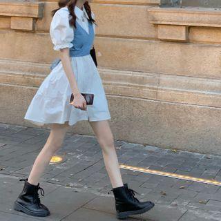 Short-sleeve Mini A-line Shirt Dress / Denim Vest