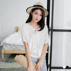 Short-sleeve Tie-neck Paneled Top Off White - Xl