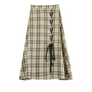 Plaid Lace-up Midi Skirt