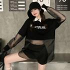 Set: Long-sleeve Lettering Mesh Panel T-shirt + Collar