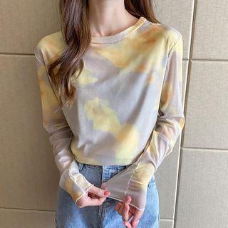 Long-sleeve Tie-dyed Mesh T-shirt Yellow - One Size