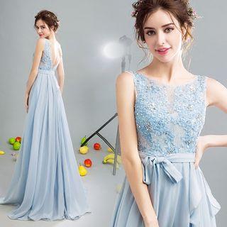 Sleeveless Embellished Lace Panel Evening Gown