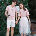 Women Set: Short-sleeve Lettering T-shirt Dress + Mesh Skirt / Men T-shirt / Shorts