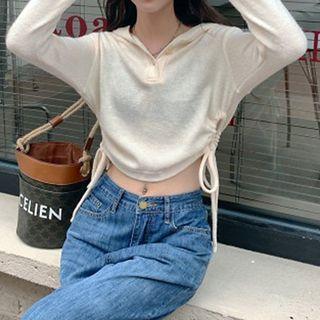 Drawstring Hooded Crop Knit Top Light Melange Gray - One Size