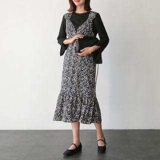 Sleeveless Floral Print Ruffle-hem Long Dress