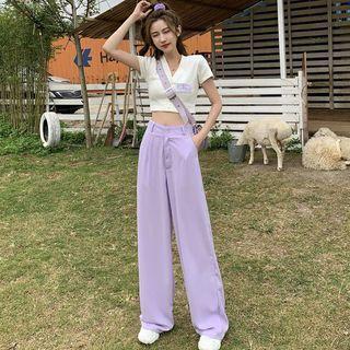 Short-sleeve Cropped Knit Top / Wide-leg Dress Pants