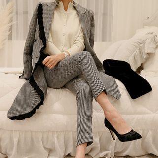 Set: Houndstooth Frill Trim Double-breasted Coat + Dress Pants