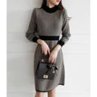 Mock-neck Herringbone Knit Dress Black - One Size