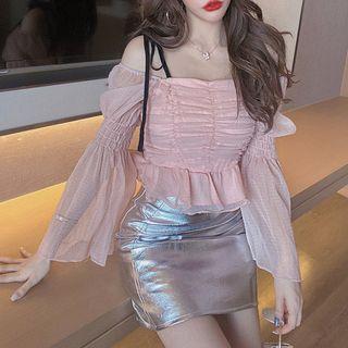 Bell-sleeve Off-shoulder Frill Trim Chiffon Crop Top / Mini Fitted Skirt