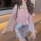 Bell-sleeve Off-shoulder Frill Trim Chiffon Crop Top / Mini Fitted Skirt