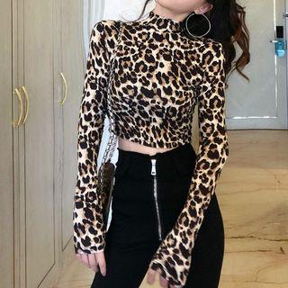 Long-sleeve Mock Neck Animal Print T-shirt