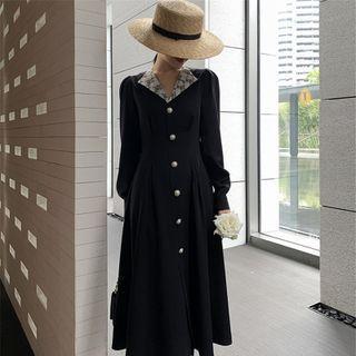 Long-sleeve V-neck Button-up Slit Dress
