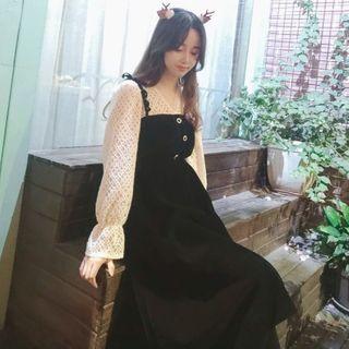 V-neck Lace Panel Corduroy Dress