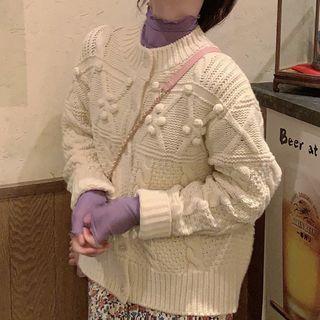 Turtle-neck Plain Long-sleeve Top / Floral Skirt / Cable-knit Cardigan