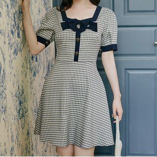 Bow Square-neck Plaid Mini A-line Dress