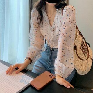 V-neck Polka Dot Lace-up Blouse