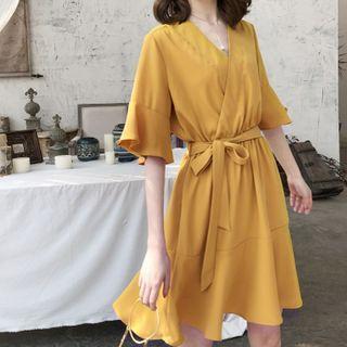 Bell-sleeve Midi Shift Dress / Undershorts