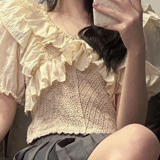 V-neck Ruffle Trim Panel Cropped Blouse Almond - One Size