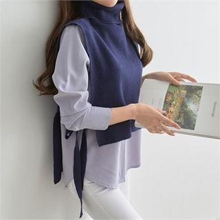 Set: Turtleneck Dip-back Knit Vest + Pinstripe Shirt