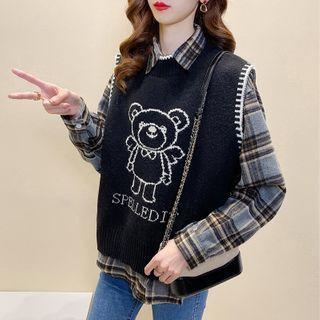 Color Panel Round-neck Bear Tank Top