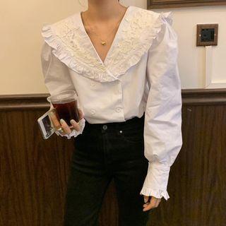 Crochet Collar Ruffle Hem Balloon-sleeve Blouse