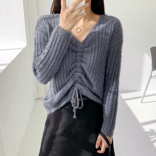 V-neck Drawstring-front Rib-knit Top