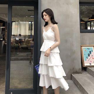Strappy Ruffle Tiered A-line Midi Dress