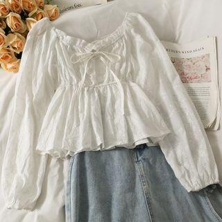 Off-shoulder Ruffle-trim Cropped Peplum Top White - One Size