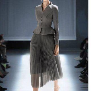 Set: Ruffle Hem Blazer + Mesh Midi Accordion Pleat Skirt