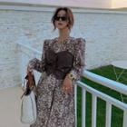 Flower Print Long-sleeve Midi A-line Dress / Buttoned Camisole