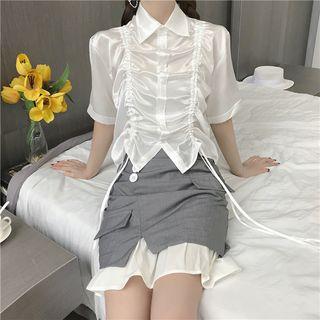 Drawstring Satin Shirt + Patchwork Mini Skirt