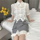 Drawstring Satin Shirt + Patchwork Mini Skirt
