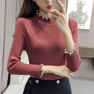 Frill Trim Mock-neck Long-sleeve Knit Top