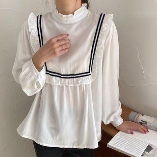 Mock-turtleneck Ruffled Balloon-sleeve Blouse