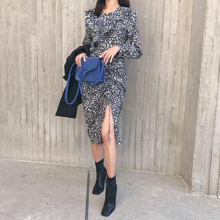 Frilled Leopard Midi Sheath Dress