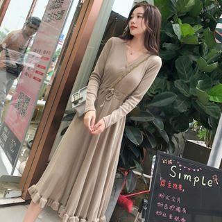 Ruffled Long-sleeve Midi A-line Knit Dress