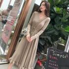 Ruffled Long-sleeve Midi A-line Knit Dress