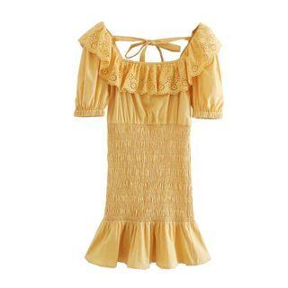 Balloon-sleeve Smocked Mini A-line Dres