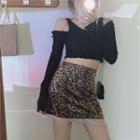 Long-sleeve Cropped Light Jacket / Tank Top / Fitted Leopard Print Mini Skirt / Set
