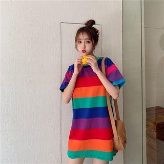 Set: Short-sleeve Striped T-shirt + Mini Fishnet A-line Skirt
