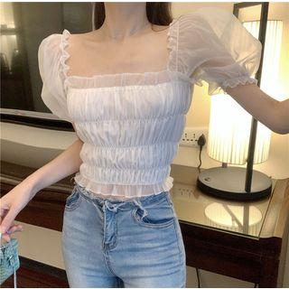Off-shoulder Puff-sleeve Mesh Chiffon Blouse