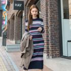 Pleated Stripe Long Rib-knit Dress