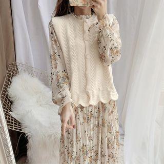 Floral Print Bell-sleeve Midi A-line Dress / Single-breasted Knit Vest / Set